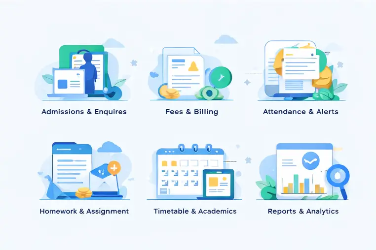 School management software dashboard showing admissions and enquiries, fees and billing, payroll management, student management, parent communication, and leadership analytics